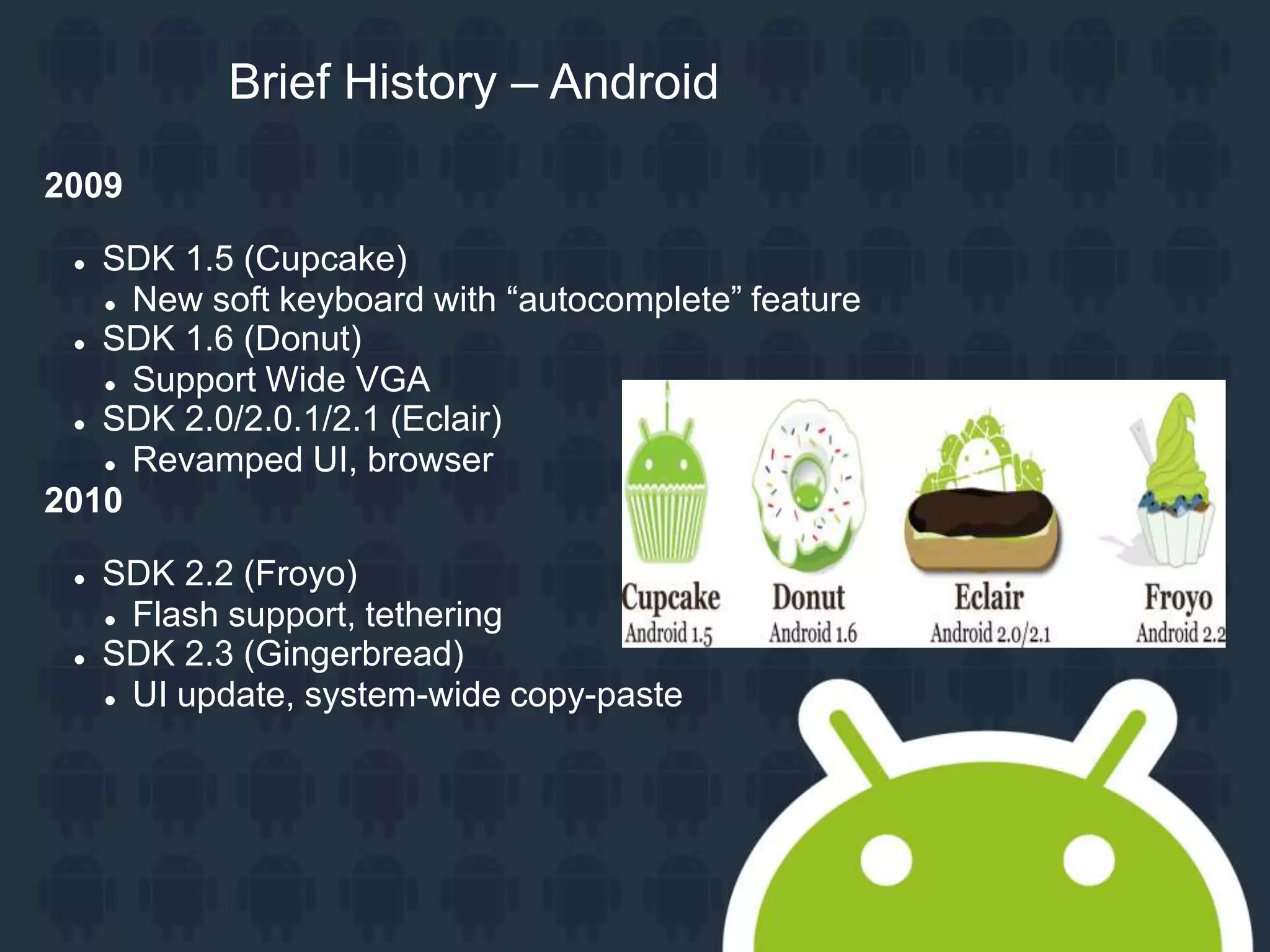 Brief History – Android 2009  SDK 1.5 (Cupcake)  New soft keyboard with “autocomplete” feature  SDK 1.6 (Donut)  Support Wide VGA  SDK 2.0/2.0.1/2.1 (Eclair)  Revamped UI, browser 2010  SDK 2.2 (Froyo)  Flash support, tethering  SDK 2.3 (Gingerbread)  UI update, system-wide copy-paste 