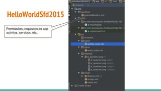 HelloWorldSfd2015
Permissões, requisitos do app
activitys, servicos, etc..
 