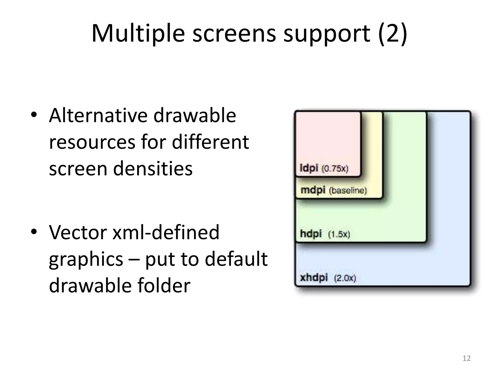 Multiple screens support (2) • Alternative drawable resources for different screen densities • Vector xml-defined graphics – put to default drawable folder 12 