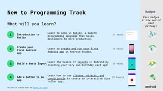This work is licensed under the Apache 2.0 License
What will you learn?
2
3
4
1 Introduction to
Kotlin
Create your
first Android
app
Build a basic layout
Add a button to an
app
(3 hours)
(1 hour)
(1 hour)
(1 hour)
Learn to code in Kotlin, a modern
programming language that helps
developers be more productive.
Learn to create and run your first
Android app in Android Studio.
Learn the basics of layouts in Android by
creating your very own birthday card app!
Learn how to use classes, objects, and
conditionals to create an interactive dice
roller app.
Badges
Earn badges
at the end of
each
pathway!
New to Programming Track
 