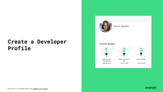 This work is licensed under the Apache 2.0 License
Carrie Sawyer
Build Your First
App Pathway
Build an Interactive
App
Layouts Pathway
Create a Developer
Profile
 