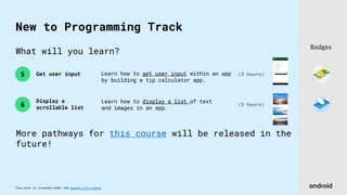 This work is licensed under the Apache 2.0 License
What will you learn?
6
5 Get user input
Display a
scrollable list
(3 hours)
(3 hours)
Learn how to get user input within an app
by building a tip calculator app.
Learn how to display a list of text
and images in an app.
Badges
More pathways for this course will be released in the
future!
New to Programming Track
 