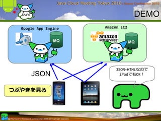 DEMO
  Google App Engine   Amazon EC2


                MQ                 MQ




                          JSON+HTMLなので
      JSON                 iPadでもOK！



つぶやきを⾒る
 
