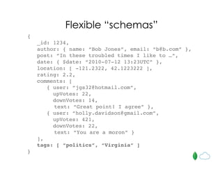 {
_id: 1234,
author: { name: “Bob Jones”, email: “b@b.com” },
post: “In these troubled times I like to …“,
date: { $date: “2010-07-12 13:23UTC” },
location: [ -121.2322, 42.1223222 ],
rating: 2.2,
comments: [
{ user: “jgs32@hotmail.com”,
upVotes: 22,
downVotes: 14,
text: “Great point! I agree” },
{ user: “holly.davidson@gmail.com”,
upVotes: 421,
downVotes: 22,
text: “You are a moron” }
],
tags: [ “politics”, “Virginia” ]
}
Flexible “schemas”
 