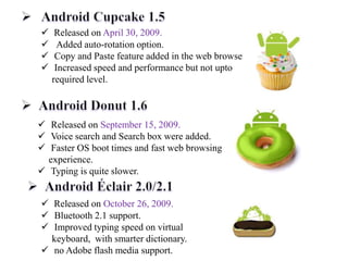  Released on April 30, 2009.
 Added auto-rotation option.
 Copy and Paste feature added in the web browser.
 Increased speed and performance but not upto
required level.
 Released on September 15, 2009.
 Voice search and Search box were added.
 Faster OS boot times and fast web browsing
experience.
 Typing is quite slower.
 Released on October 26, 2009.
 Bluetooth 2.1 support.
 Improved typing speed on virtual
keyboard, with smarter dictionary.
 no Adobe flash media support.
 