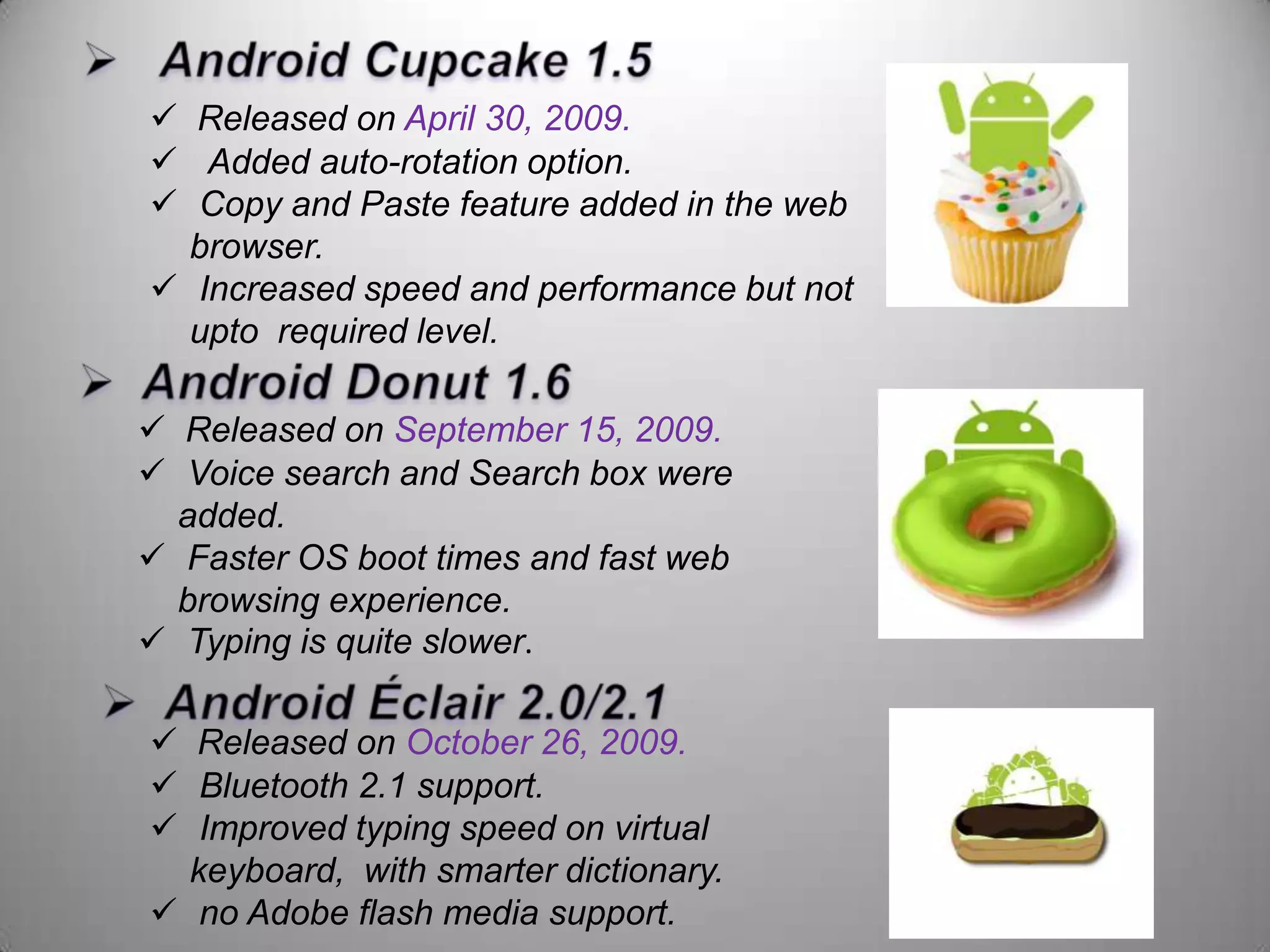  Released on April 30, 2009.
 Added auto-rotation option.
 Copy and Paste feature added in the web
browser.
 Increased speed and performance but not
upto required level.
 Released on September 15, 2009.
 Voice search and Search box were
added.
 Faster OS boot times and fast web
browsing experience.
 Typing is quite slower.
 Released on October 26, 2009.
 Bluetooth 2.1 support.
 Improved typing speed on virtual
keyboard, with smarter dictionary.
 no Adobe flash media support.

 