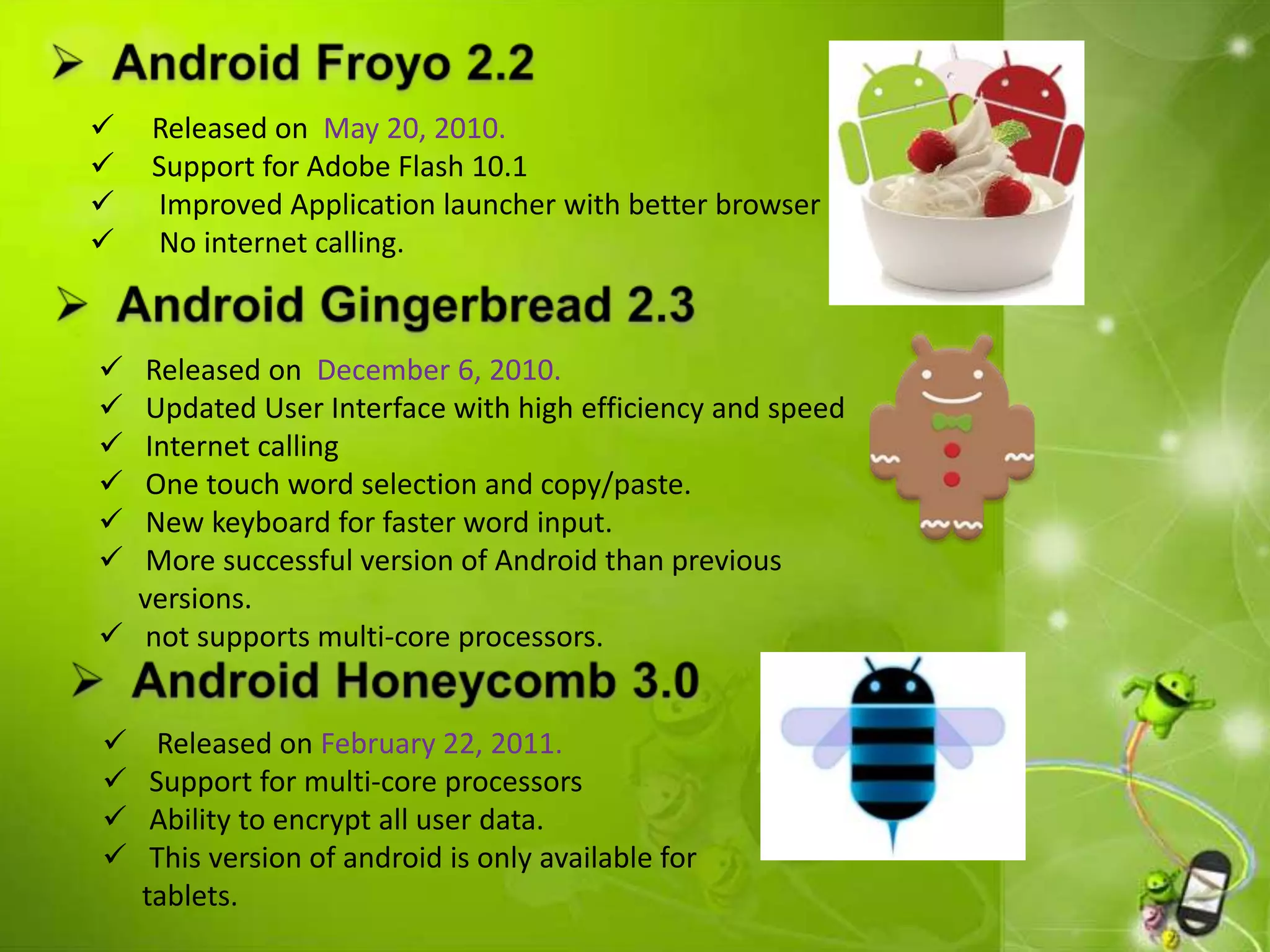  Released on May 20, 2010.
 Support for Adobe Flash 10.1
 Improved Application launcher with better browser
 No internet calling.
 Released on December 6, 2010.
 Updated User Interface with high efficiency and speed
 Internet calling
 One touch word selection and copy/paste.
 New keyboard for faster word input.
 More successful version of Android than previous
versions.
 not supports multi-core processors.
 Released on February 22, 2011.
 Support for multi-core processors
 Ability to encrypt all user data.
 This version of android is only available for
tablets.
 