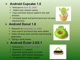  Released on April 30, 2009.
 Added auto-rotation option.
 Copy and Paste feature added in the web
browser.
 Increased speed and performance but not upto
required level.
 Released on September 15, 2009.
 Voice search and Search box were added.
 Faster OS boot times and fast web browsing
experience.
 Typing is quite slower.
 Released on October 26, 2009.
 Bluetooth 2.1 support.
 Improved typing speed on virtual
keyboard, with smarter dictionary.
 no Adobe flash media support.
 