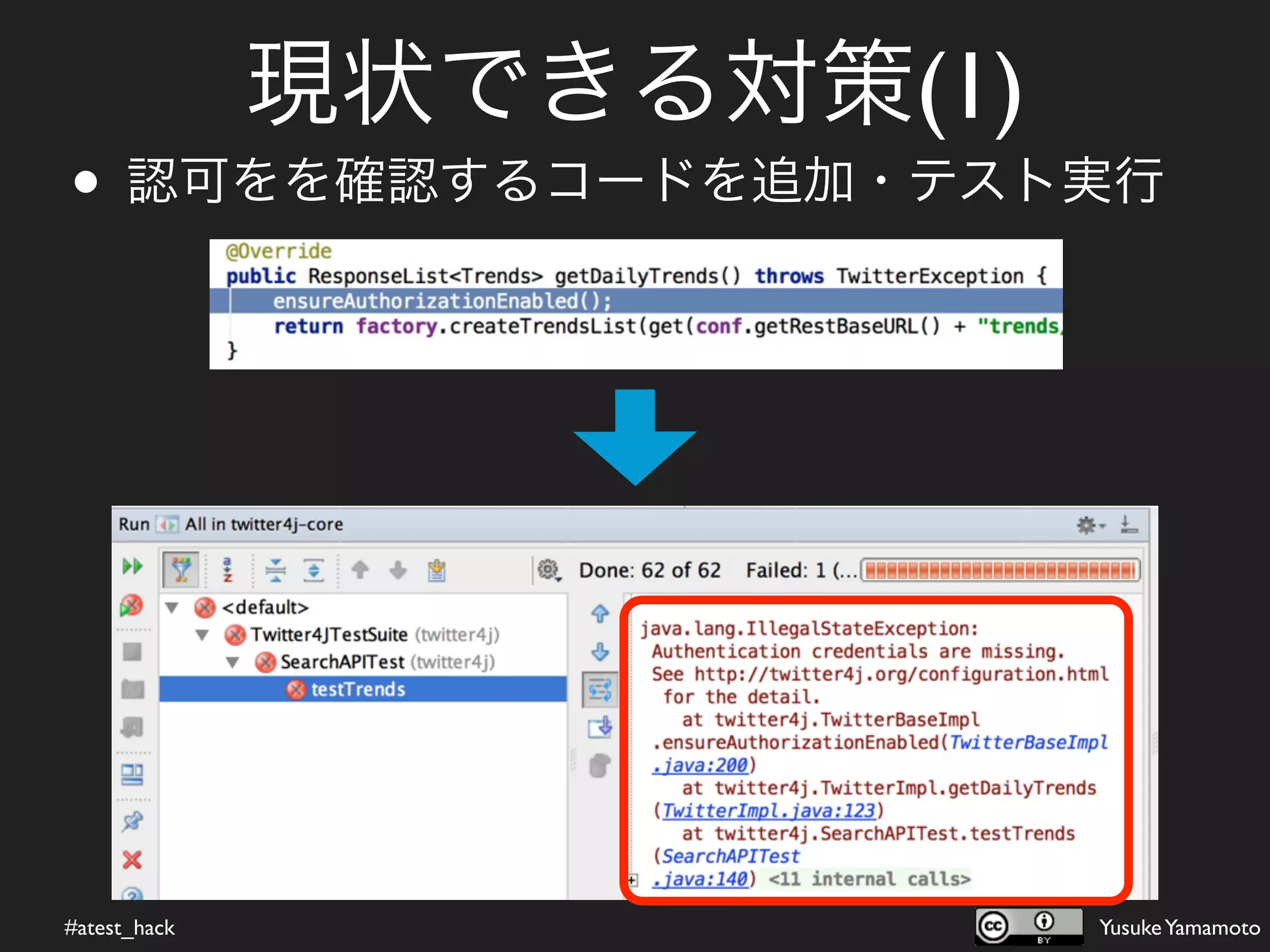 現状できる対策(1)
• 認可をを確認するコードを追加・テスト実行




#atest_hack                Yusuke Yamamoto
 