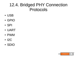49
12.4. Bridged PHY Connection
Protocols
● USB
● GPIO
● SPI
● UART
● PWM
● I2C
● SDIO
 