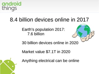 8.4 billion devices online in 2017
Earth’s population 2017:
7.6 billion
30 billion devices online in 2020
Market value $7.1T in 2020
Anything electrical can be online
 
