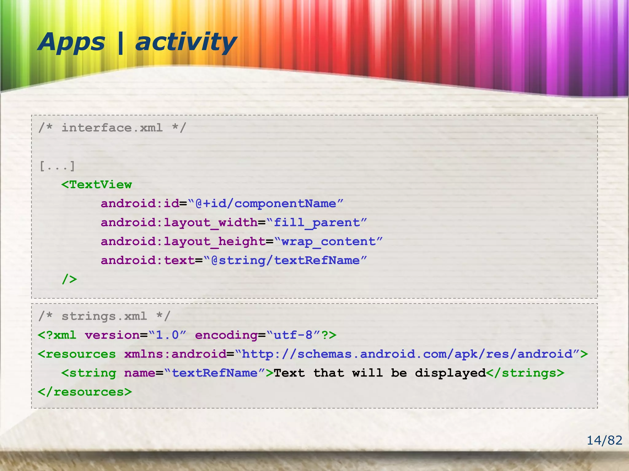14/82
Apps | activity
/* strings.xml */
<?xml version=“1.0” encoding=“utf-8”?>
<resources xmlns:android=“http://schemas.android.com/apk/res/android”>
<string name=“textRefName”>Text that will be displayed</strings>
</resources>
/* interface.xml */
[...]
<TextView
android:id=“@+id/componentName”
android:layout_width=“fill_parent”
android:layout_height=“wrap_content”
android:text=“@string/textRefName”
/>
 