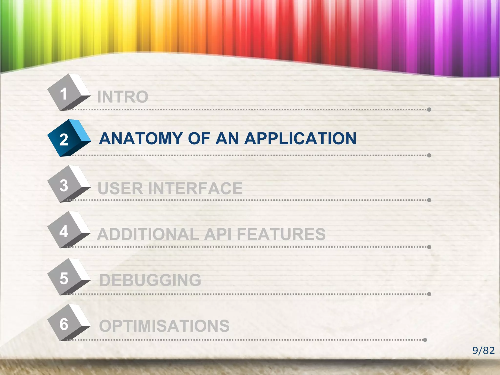 9/82
4
INTRO1
USER INTERFACE
2
ADDITIONAL API FEATURES
3
DEBUGGING5
OPTIMISATIONS6
ANATOMY OF AN APPLICATION
 