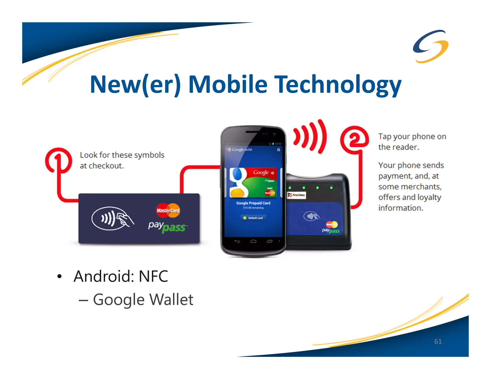New(er) Mobile Technology




• Android: NFC
   – Google Wallet

                                61
 