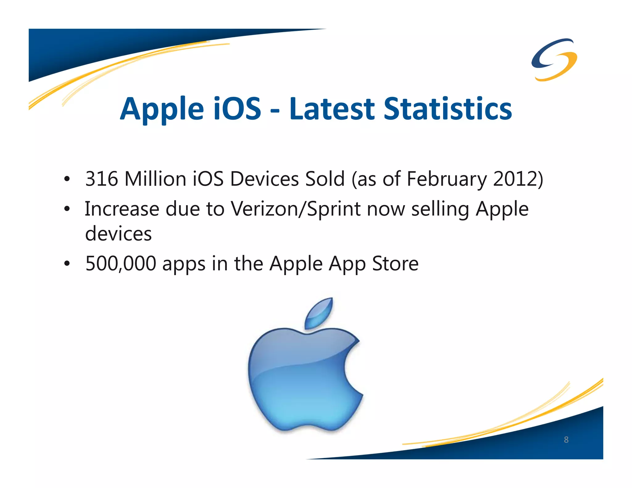 Apple iOS - Latest Statistics
• 316 Million iOS Devices Sold (as of February 2012)
• Increase due to Verizon/Sprint now selling Apple
  devices
• 500,000 apps in the Apple App Store




                                                       8
 