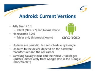 Android: Current Versions
• Jelly Bean 4.1.1
   – Tablet (Nexus 7) and Nexus Phone
• Honeycomb 3.2.6
   – Tablet only (Motorola Xoom)

• Updates are periodic. No set schedule by Google.
• Updates to the device depend on the hardware
  manufacturer and the cell carrier
• Samsung Galaxy Nexus and the Nexus 7 tablet get
  updates immediately from Google (this is the ‘Google
  Phone/Tablet’)
                                                         11
 