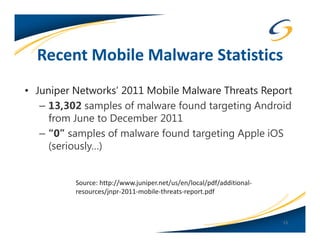 Recent Mobile Malware Statistics
• Juniper Networks’ 2011 Mobile Malware Threats Report
   – 13,302 samples of malware found targeting Android
     from June to December 2011
   – “0” samples of malware found targeting Apple iOS
     (seriously…)


          Source: http://www.juniper.net/us/en/local/pdf/additional-
          resources/jnpr-2011-mobile-threats-report.pdf



                                                                       15
 