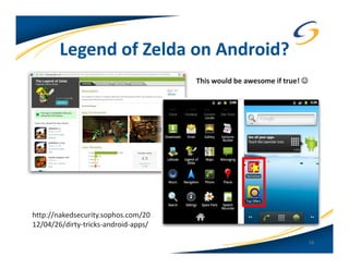 Legend of Zelda on Android?
                                      This would be awesome if true! ☺




http://nakedsecurity.sophos.com/20
12/04/26/dirty-tricks-android-apps/

                                                                         16
 