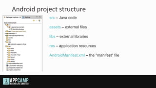 Android project structure
            src – Java code

            assets – external files

            libs – external libraries

            res – application resources

            AndroidManifest.xml – the "manifest" file
 