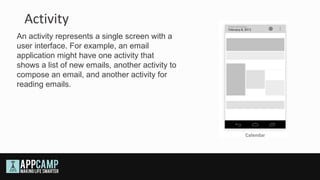 Activity
An activity represents a single screen with a
user interface. For example, an email
application might have one activity that
shows a list of new emails, another activity to
compose an email, and another activity for
reading emails.
 