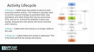 Activity Lifecycle
onPause() - Called when the system is about to start
resuming another activity. This method is typically used
to commit unsaved changes to persistent data, stop
animations and other things that may be consuming
CPU, and so on. It should do whatever it does very
quickly, because the next activity will not be resumed
until it returns.

onStop() - Called when the activity is no longer visible to
the user.

onDestroy() - Called before the activity is destroyed. This
is the final call that the activity will receive.
 