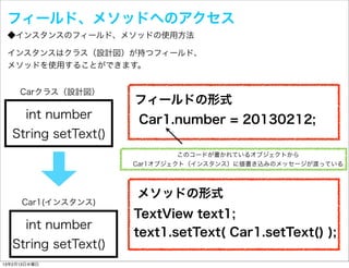 フィールド、メソッドへのアクセス
 ◆インスタンスのフィールド、メソッドの使用方法

 インスタンスはクラス（設計図）が持つフィールド、
 メソッドを使用することができます。


     Carクラス（設計図）
                     フィールドの形式
       int number     Car1.number = 20130212;
  String setText()
                              このコードが書かれているオブジェクトから
                     Car1オブジェクト（インスタンス）に値書き込みのメッセージが渡っている




                     メソッドの形式
     Car1(インスタンス)
                     TextView text1;
       int number
                     text1.setText( Car1.setText() );
  String setText()
13年2月13日水曜日
 
