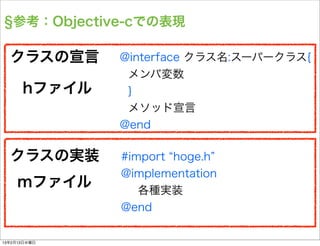 参考：Objective-cでの表現

  クラスの宣言      @interface クラス名:スーパークラス{
               メンバ変数
      hファイル    }
               メソッド宣言
              @end

  クラスの実装      #import hoge.h
              @implementation
    mファイル        各種実装
              @end

13年2月13日水曜日
 
