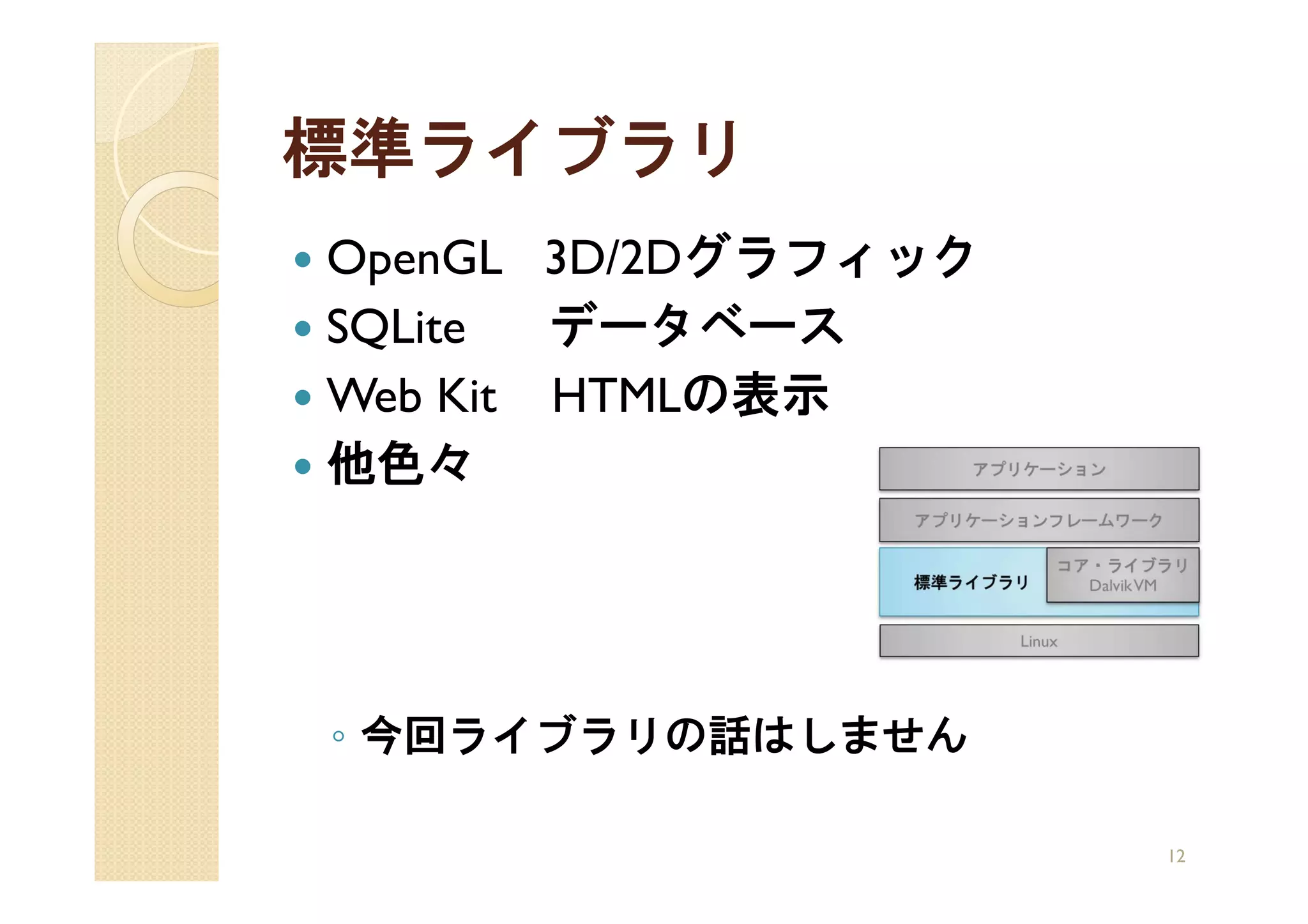 標準ライブラリ
OpenGL 3D/2Dグラフィック
SQLite  データベース
Web Kit HTMLの表示
他色々




◦ 今回ライブラリの話はしません

                     12
 