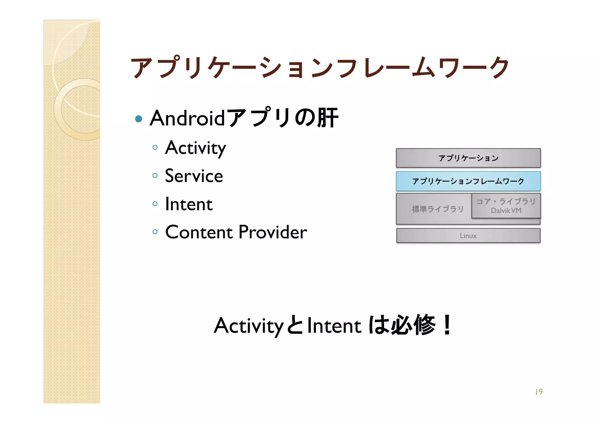 アプリケーションフレームワーク
Androidアプリの肝
◦   Activity
◦   Service
◦   Intent
◦   Content Provider



         ActivityとIntent は必修！

                                19
 