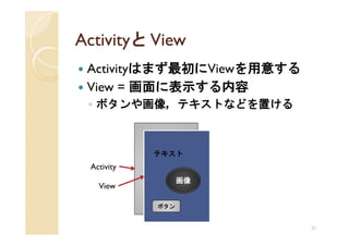 Activityと View
 Activityはまず最初にViewを用意する
 View = 画面に表示する内容
 ◦ ボタンや画像，テキストなどを置ける



            テキスト
 Activity
                  画像
   View

            ボタン


                           21
 
