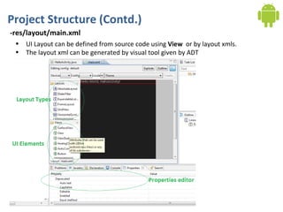 Project Structure (Contd.) -res/layout/main.xml UI Layout can be defined from source code using  View  or by layout xmls.  The layout xml can be generated by visual tool given by ADT 