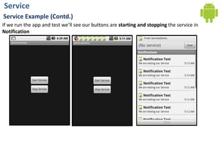 ServiceService Example (Contd.)If we run the app and test we’ll see our buttons are starting and stopping the service in Notification