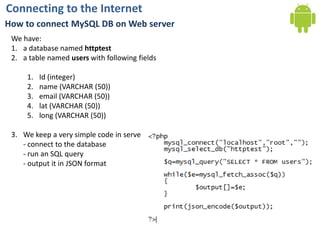 Connecting to the InternetHow to connect MySQL DB on Web serverWe have: a database named httptesta table named users with following fieldsId (integer)name (VARCHAR (50))email (VARCHAR (50))lat (VARCHAR (50))long (VARCHAR (50))We keep a very simple code in server side- connect to the database- run an SQL query- output it in JSON format