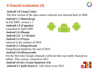 6 Overall evaluation (3)
 Android 1.0 (Angel Cake)
 The first version of the open source software was released back in 2008
Android 1.1 (Battenberg)
In Feb 2009, version 1.1
Android 1.5 (Cupcake)
Launched in April 2009
Android 1.6 (Donut)
Android 2.0  2.1 (Eclair)
Android 2.2 (Froyo)
released in the summer of 2010
Android 2.3 (Gingerbread)
Gingerbread landed by the end of 2010
Android 3.0 (Honeycomb)
For the first time Google released a software that was totally focused on
tablets. This version, released in 2011
Android 4.0 (Ice Cream Sandwich 4.0)
 Android 4.1 (jelly bean4.1) will relase in oct 2012                © artesis 2008 | 17
 