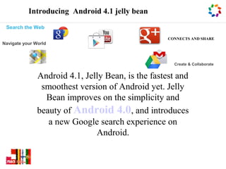 Introducing Android 4.1 jelly bean
 Search the Web

                                                    CONNECTS AND SHARE
Navigate your World



                                                      Create & Collaborate


               Android 4.1, Jelly Bean, is the fastest and
                smoothest version of Android yet. Jelly
                 Bean improves on the simplicity and
               beauty of Android 4.0, and introduces
                  a new Google search experience on
                               Android.
 