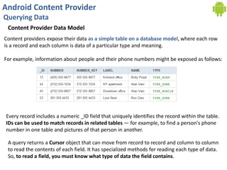 Android Content Provider
Querying Data
Content Provider Data Model
Content providers expose their data as a simple table on a database model, where each row
is a record and each column is data of a particular type and meaning.
For example, information about people and their phone numbers might be exposed as follows:
Every record includes a numeric _ID field that uniquely identifies the record within the table.
IDs can be used to match records in related tables — for example, to find a person's phone
number in one table and pictures of that person in another.
A query returns a Cursor object that can move from record to record and column to column
to read the contents of each field. It has specialized methods for reading each type of data.
So, to read a field, you must know what type of data the field contains.
 