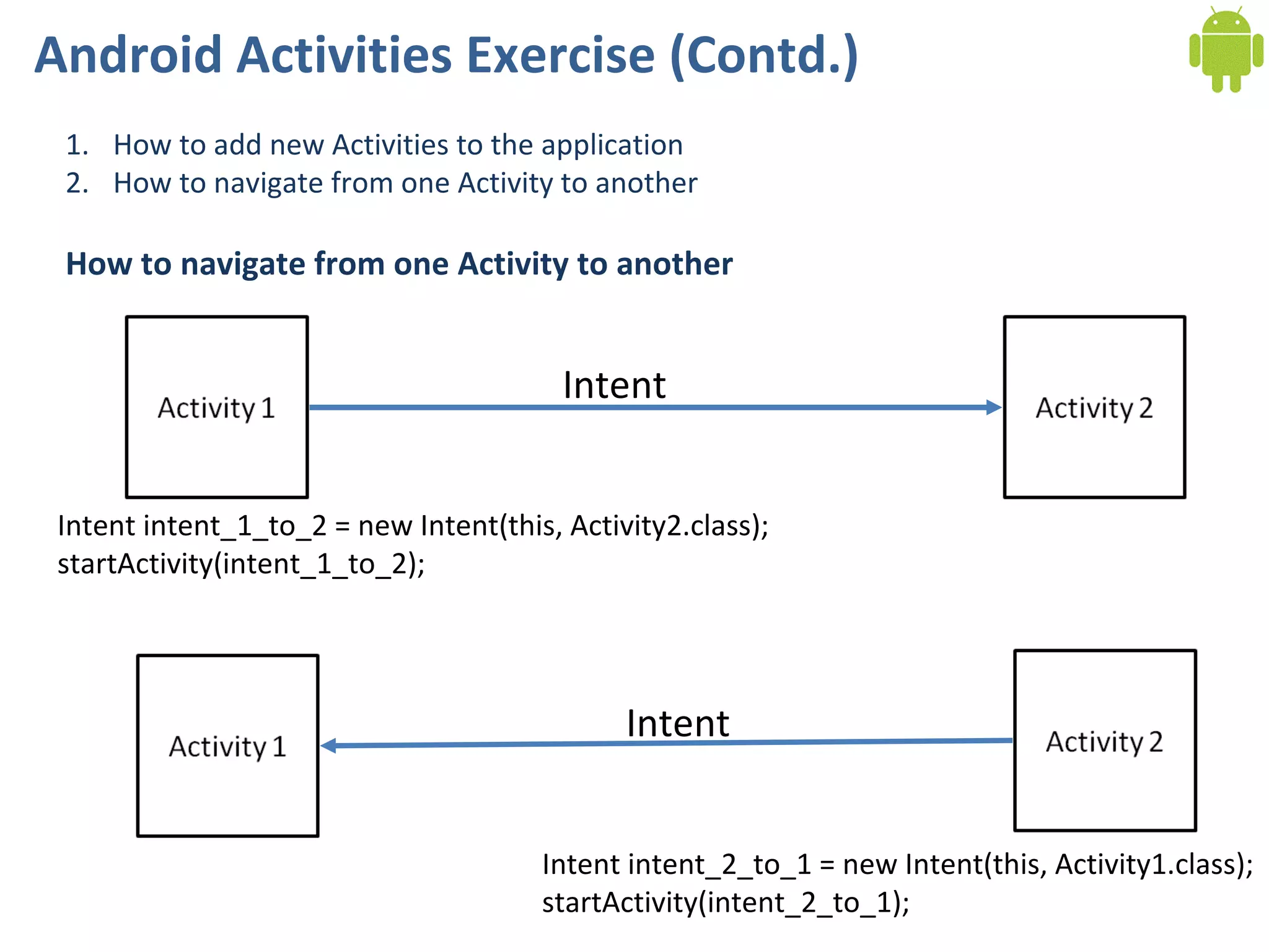 Android Activities Exercise (Contd.) How to add new Activities to the application How to navigate from one Activity to another How to navigate from one Activity to another Intent Intent intent_1_to_2 = new Intent(this, Activity2.class); startActivity(intent_1_to_2); Intent Intent intent_2_to_1 = new Intent(this, Activity1.class); startActivity(intent_2_to_1); 