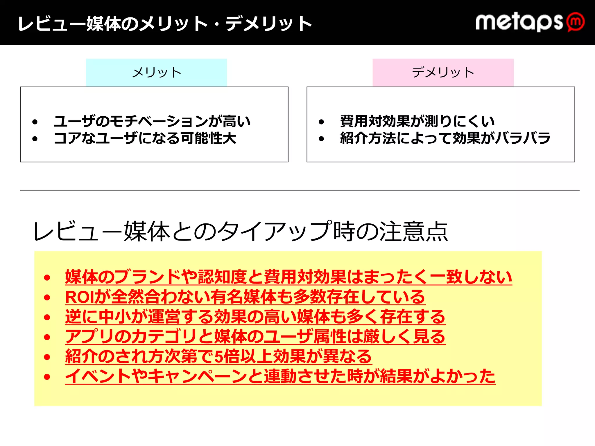レビュー媒体のメリット・デメリット

             メリット                 デメリット


•       ユーザのモチベーションが⾼い   •   費⽤対効果が測りにくい
•       コアなユーザになる可能性⼤    •   紹介⽅法によって効果がバラバラ




レビュー媒体とのタイアップ時の注意点
    •   媒体のブランドや認知度と費⽤対効果はまったく⼀致しない
    •   ROIが全然合わない有名媒体も多数存在している
    •   逆に中⼩が運営する効果の⾼い媒体も多く存在する
    •   アプリのカテゴリと媒体のユーザ属性は厳しく⾒る
    •   紹介のされ⽅次第で5倍以上効果が異なる
    •   イベントやキャンペーンと連動させた時が結果がよかった
 