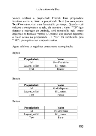 Luciano Alves da Silva


Vamos analisar a propriedade Format. Essa propriedade
funciona como se fosse a propriedade Text (do componente
TextView) mas, com uma formatação pra tempo. Quando você
colocou o componente na tela, ele mostrou o valor “’’00” (que
durante a execução do Android, será substituído pelo tempo
decorrido no formato “mm:ss”). Observe que quando digitamos
o valor acima na propriedade , o “%s” foi substituído pelo
“’’00”, que equivale ao tempo decorrido.

Agora adicione os seguintes componente na sequência:

Button

         Propriedade                   Valor
              Id                   @+id/btiniciar
         Layout_width               fill_parent
             Text                      Iniciar


Button

         Propriedade                   Valor
              Id                   @+id/btpausa
         Layout_width               fill_parent
             Text                      Pausa

Button

         Propriedade                    Valor
              Id                    @+id/btparar
         Layout_width                fill_parent
             Text                       Parar


                                                        153
 