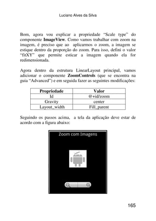 Luciano Alves da Silva




Bom, agora vou explicar a propriedade “Scale type” do
componente ImageView. Como vamos trabalhar com zoom na
imagem, é preciso que ao aplicarmos o zoom, a imagem se
estique dentro da proporção do zoom. Para isso, defini o valor
“fitXY” que permite esticar a imagem quando ela for
redimensionada.

Agora dentro da estrutura LinearLayout principal, vamos
adicionar o componente ZoomControls (que se encontra na
guia “Advanced”) e em seguida fazer as seguintes modificações:

          Propriedade                  Valor
              Id                     @+id/zoom
            Gravity                    center
          Layout_width               Fill_parent

Seguindo os passos acima, a tela da aplicação deve estar de
acordo com a figura abaixo:




                                                         165
 