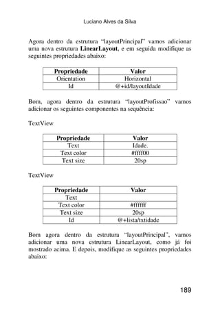 Luciano Alves da Silva


Agora dentro da estrutura “layoutPrincipal” vamos adicionar
uma nova estrutura LinearLayout, e em seguida modifique as
seguintes propriedades abaixo:

           Propriedade                Valor
            Orientation             Horizontal
                Id                @+id/layoutIdade

Bom, agora dentro da estrutura “layoutProfissao” vamos
adicionar os seguintes componentes na sequência:

TextView

           Propriedade                   Valor
               Text                      Idade.
            Text color                   #ffff00
             Text size                    20sp

TextView

           Propriedade                  Valor
               Text
            Text color                 #ffffff
             Text size                  20sp
                Id                 @+lista/txtidade

Bom agora dentro da estrutura “layoutPrincipal”, vamos
adicionar uma nova estrutura LinearLayout, como já foi
mostrado acima. E depois, modifique as seguintes propriedades
abaixo:




                                                        189
 