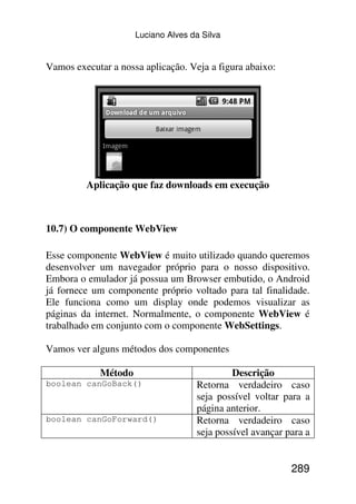 Luciano Alves da Silva


Vamos executar a nossa aplicação. Veja a figura abaixo:




         Aplicação que faz downloads em execução



10.7) O componente WebView

Esse componente WebView é muito utilizado quando queremos
desenvolver um navegador próprio para o nosso dispositivo.
Embora o emulador já possua um Browser embutido, o Android
já fornece um componente próprio voltado para tal finalidade.
Ele funciona como um display onde podemos visualizar as
páginas da internet. Normalmente, o componente WebView é
trabalhado em conjunto com o componente WebSettings.

Vamos ver alguns métodos dos componentes

            Método                           Descrição
boolean canGoBack()                 Retorna verdadeiro caso
                                    seja possível voltar para a
                                    página anterior.
boolean canGoForward()              Retorna verdadeiro caso
                                    seja possível avançar para a


                                                           289
 