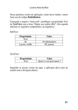 Luciano Alves da Silva


Nessa primeira versão da aplicação, como havia falado, vamos
fazer uso da widget RadioButton.

Carregado o arquivo “main.xml”, modifique a propriedade Text
da TextView com a frase “Digite seu salário (R$)”. Em seguida
adicione os seguintes componentes, na sequência :

EditText

           Propriedade                 Valor
               Text
                Id                 @+id/edsalario
           Layout_width             fill_parent



TextView

           Propriedade                 Valor
              Text            Qual é o seu percentual ?

Seguindo os passos acima ate aqui, a aplicação deve estar de
acordo com o dá figura abaixo:




                                                          81
 