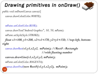 Drawing primitives in onDraw()
public void onDraw(Canvas canvas){
canvas.drawColor(Color.WHITE);
mPaint.setColor(Color.BLUE);
canvas.drawText(“Android Graphics", 10, 70, mPaint);
mPaint.setStyle(Style.STROKE);
float x1=100, y1=200, x2=x1+170, y2=y1+150; //top-left, bottomright
canvas.drawRect(x1,y1,x2,y2, mPaint); //RectF : Rectangle
//with flaoting number
canvas.drawLine(x1,x2,y1,y2, mPaint);
mPaint.setColor(Color.MAGENTA);
canvas.drawOval(new RectF(x1,y1,x2,y2), mPaint);
19
}

 