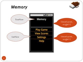 Memory
TextView

ListView

2

LinearLayout,
weight=2

LinearLayout,
weight=1

 