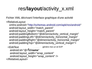 res/layout/activity_x.xml
Fichier XML décrivant l'interface graphique d'une activité
<RelativeLayout
xmlns:android=”http://schemas.android.com/apk/res/android“
android:layout_width="match_parent"
android:layout_height="match_parent"
android:paddingBottom="@dimen/activity_vertical_margin"
android:paddingLeft="@dimen/activity_horizontal_margin"
android:paddingRight="@dimen/activity_horizontal_margin"
android:paddingTop="@dimen/activity_vertical_margin">
<EditText
android:id="@+id/name"
android:layout_width="wrap_content"
android:layout_height="wrap_content" />
</RelativeLayout>
génère moi un id SVP
 