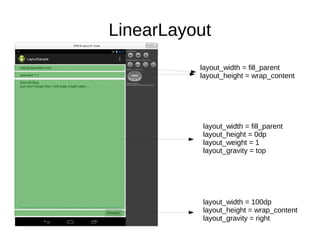 LinearLayout
layout_width = fill_parent
layout_height = wrap_content
layout_width = fill_parent
layout_height = 0dp
layout_weight = 1
layout_gravity = top
layout_width = 100dp
layout_height = wrap_content
layout_gravity = right
 