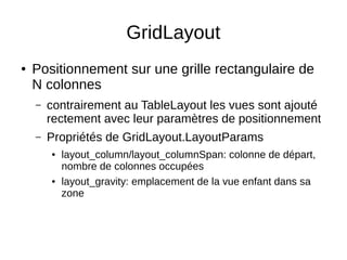 GridLayout
● Positionnement sur une grille rectangulaire de
N colonnes
– contrairement au TableLayout les vues sont ajouté
rectement avec leur paramètres de positionnement
– Propriétés de GridLayout.LayoutParams
● layout_column/layout_columnSpan: colonne de départ,
nombre de colonnes occupées
● layout_gravity: emplacement de la vue enfant dans sa
zone
 