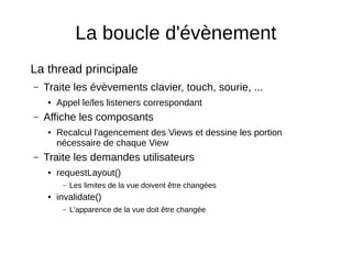La boucle d'évènement
La thread principale
– Traite les évèvements clavier, touch, sourie, ...
● Appel le/les listeners correspondant
– Affiche les composants
● Recalcul l'agencement des Views et dessine les portion
nécessaire de chaque View
– Traite les demandes utilisateurs
● requestLayout()
– Les limites de la vue doivent être changées
● invalidate()
– L'apparence de la vue doit être changée
 