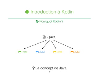 " Introduction à Kotlin
 Pourquoi Kotlin ?
8
 JVM  JVM
( .java
 JVM  JVM
) Le concept de Java
 
